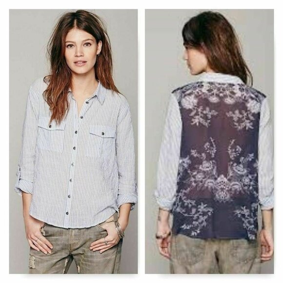 Free People Size XS Oxford Combo Party in the Back Striped Button Shirt Relaxed - Picture 1 of 7